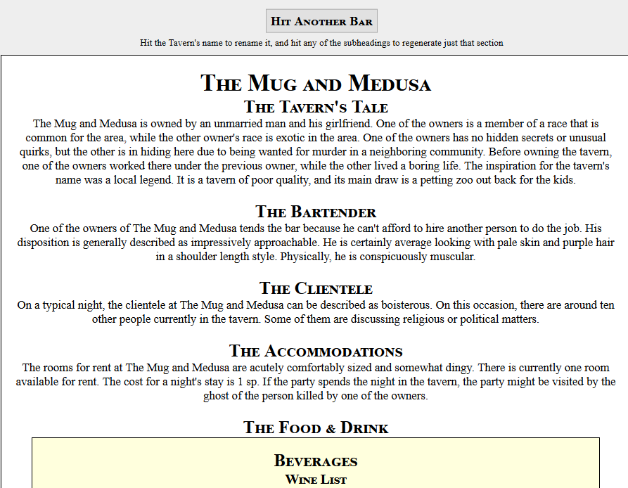 chaosgenerators's tweet photo. https://t.co/rCALwPkVC3 is a tavern generator with lots of detail. A tale, a bartender, patrons, accomodation and menus...
Mine was the Mug and Medusa.

#dnd #rpgtool https://t.co/fCBKOmEvHr