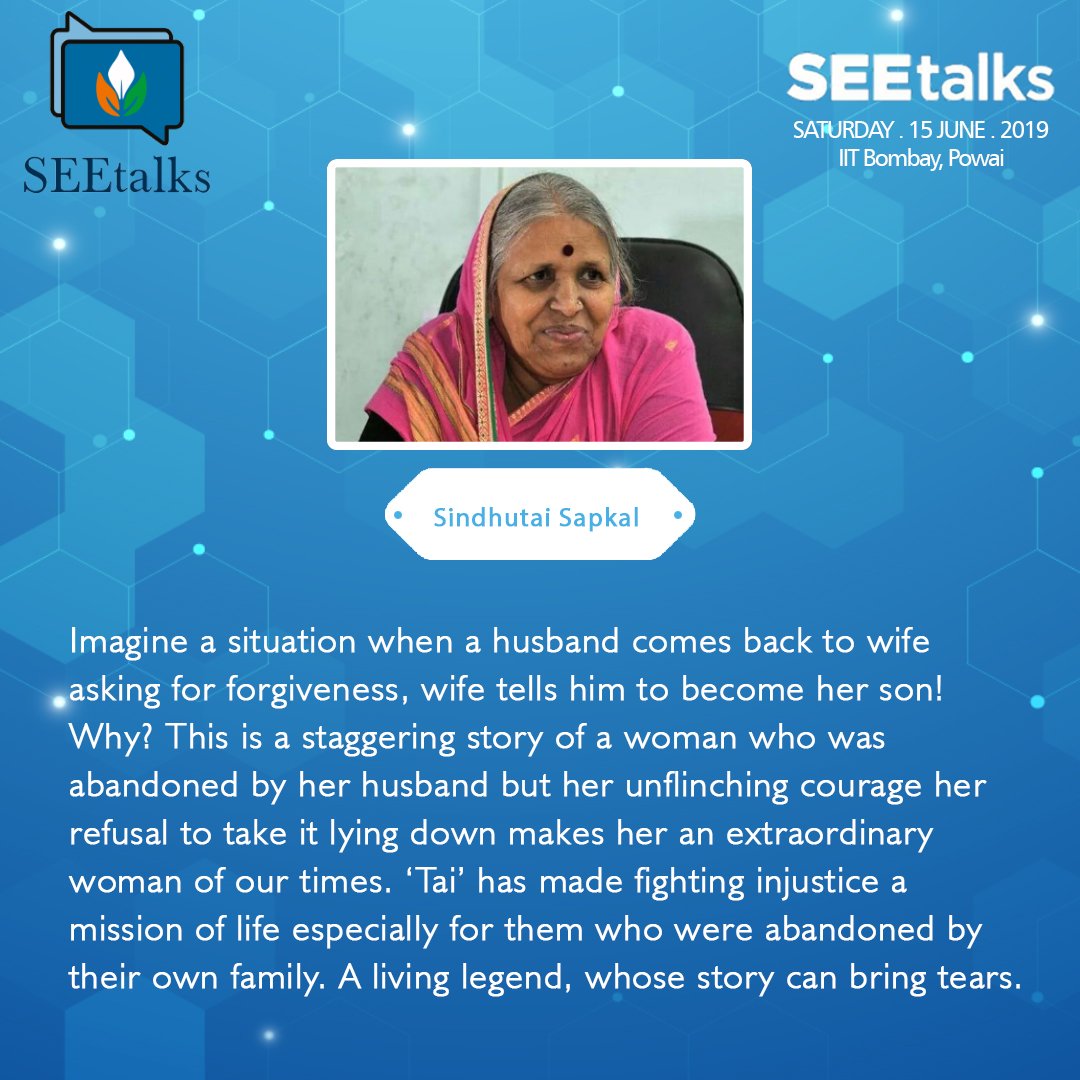 SEEtalks_'s tweet photo. Introducing our first speaker, Sindhutai Sapkal,affectionately known as "Mother of Orphans",a social activist known for her work of raising orphan children. Meet her on SEEtalks 2019.Visit us- https://t.co/gsxdcad3nr Register here- https://t.co/wPJtXR08DJ
#SEEtalks #itniSEEkhushi https://t.co/soMJa8Dozw