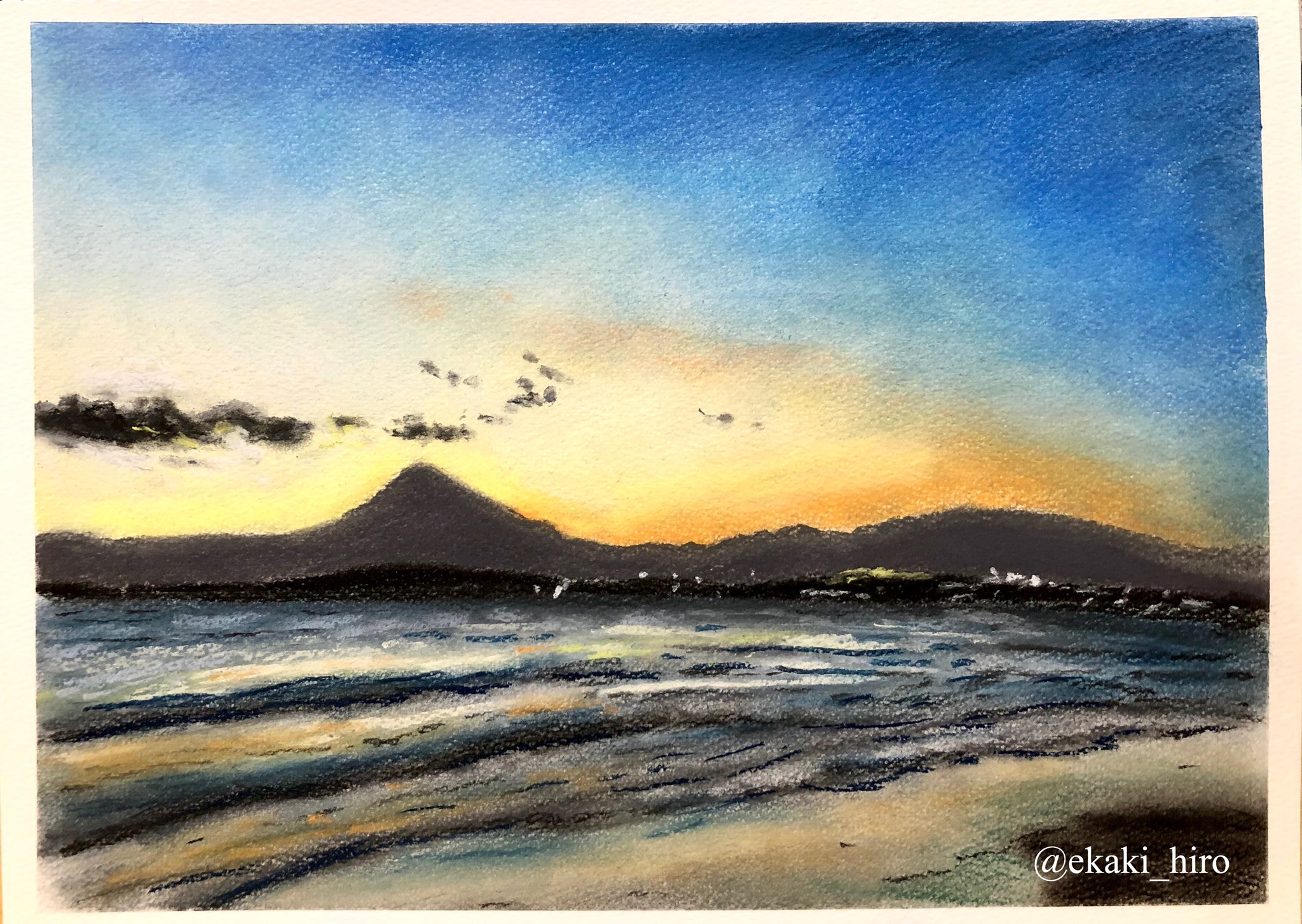 絵かきのヒロ パステル風景イラスト 江ノ島 鵠沼海岸からの富士山 パステルイラスト 江ノ島風景イラストシリーズ T Co Yxlmw7axnn Twitter