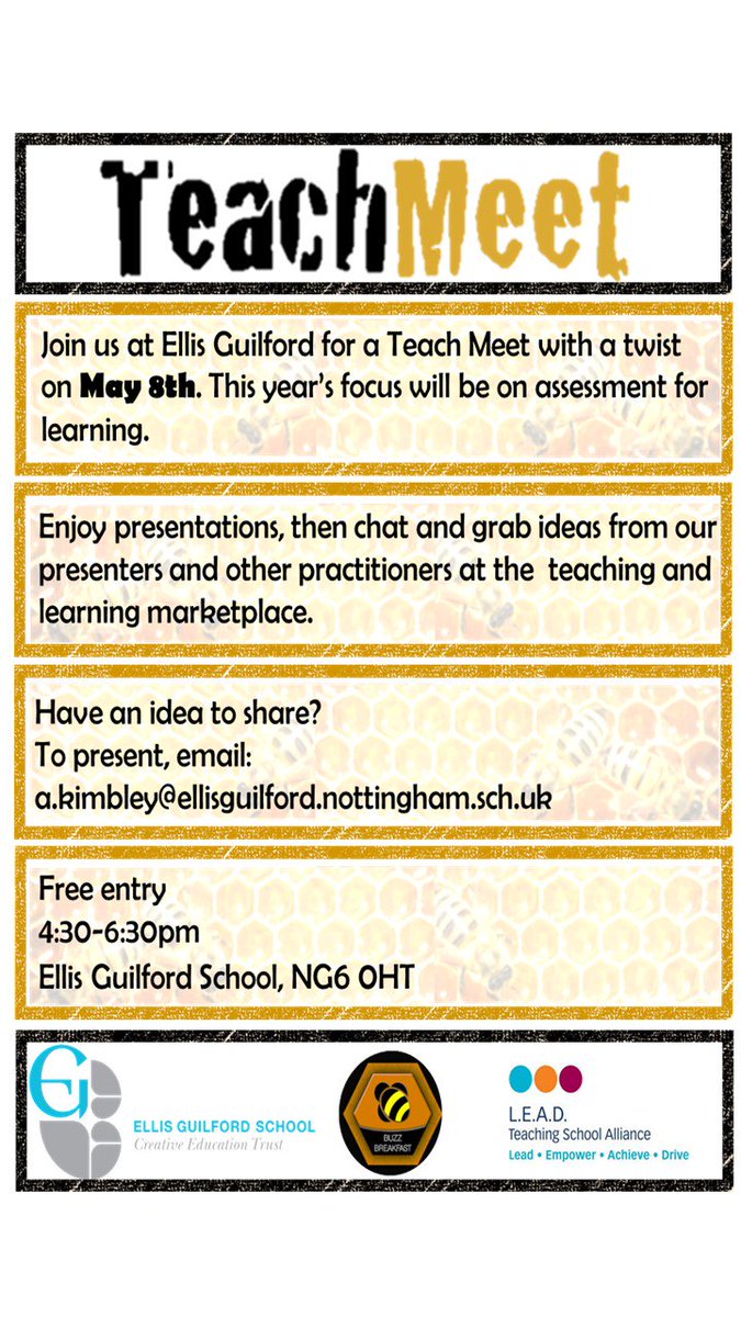 NevNuncJam's tweet photo. Don't forget the #Teachmeet at @Ellis_Guilford on Wednesday 8 May. Tickets are moving quickly with presenters from primary and secondary schools on the topic of AfL. Hope to see you there! @UoNSoE @ntu_teach https://t.co/XWOVgCW08O
