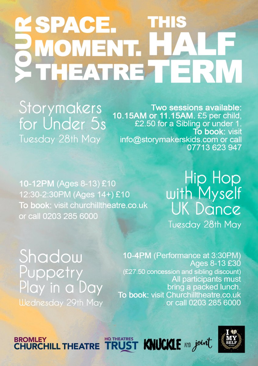 A fresh #halfterm programme is ready! We have #hiphip with <a href="/MyselfDance/">MYSELF UK DANCE</a> #shadowpuppetry with <a href="/KnuckleandJoint/">Knuckle and Joint</a> and #storymakers for #underfives! There are #halftermactivities for 0-18! Come and get involved!
<a href="/The_Churchill/">Churchill Theatre Bromley</a> 

#yourspace #yourtheatre #bromley #youngpeople