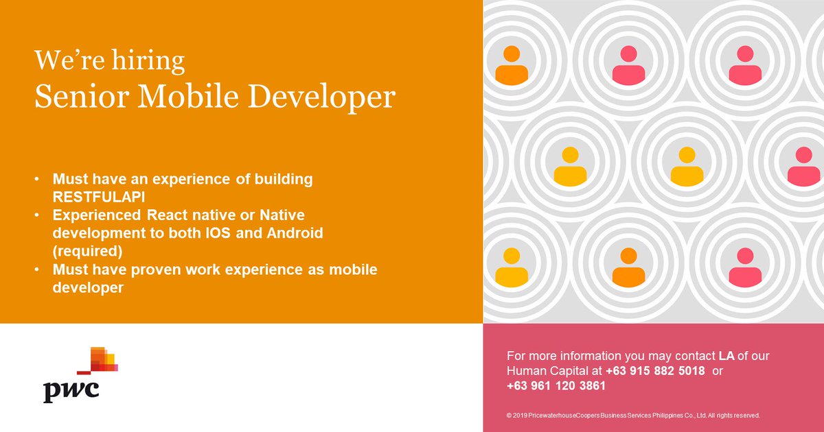 PwC_Philippines's tweet image. We&apos;re hiring people for the Senior Mobile Developer position.

To apply, please click this link: pwc.wd3.myworkdayjobs.com/Global_Experie…

For more information, you may contact LA of Human Capital at +63 915 882 5018 or +63 961 120 3861.

#PwC #PwCCareers #SeniorMobileDeveloper