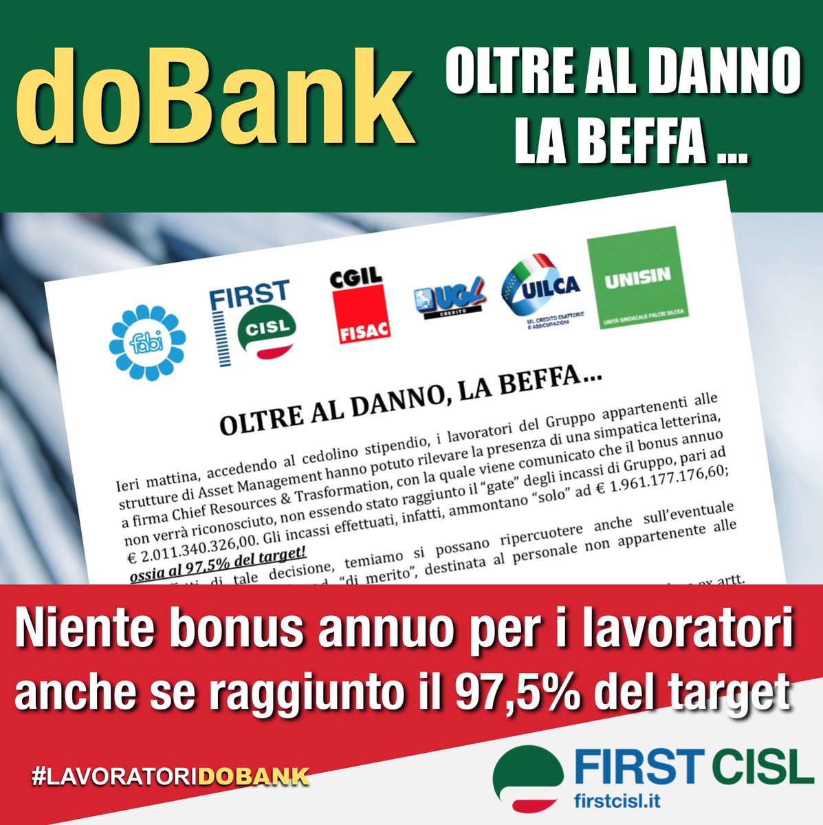FirstCisl's tweet photo. #doBank, oltre al danno la beffa. Niente bonus annuo per i #lavoratori, nonostante sia stato raggiunto il 97,5% del target per gli incassi di Gruppo, i 52 mln di utile netto e il + 30% su tutti i ratios economici
Il comunicato unitario: https://t.co/idlKdHNVSY
#LavoratoriDoBank https://t.co/M0sciCAgMO