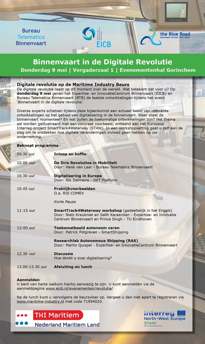 #binnenvaart @Maritime_EH <a href="/EICBtweets/">EICB</a>  Op 9 mei a.s. Vergaderzaal 1 Maritime Industry nog enkele plaatsen beschikbaar voor de bijeenkomst De Drie Revoluties in Mobiliteit - Binnenvaart in de Digitale Revolutie