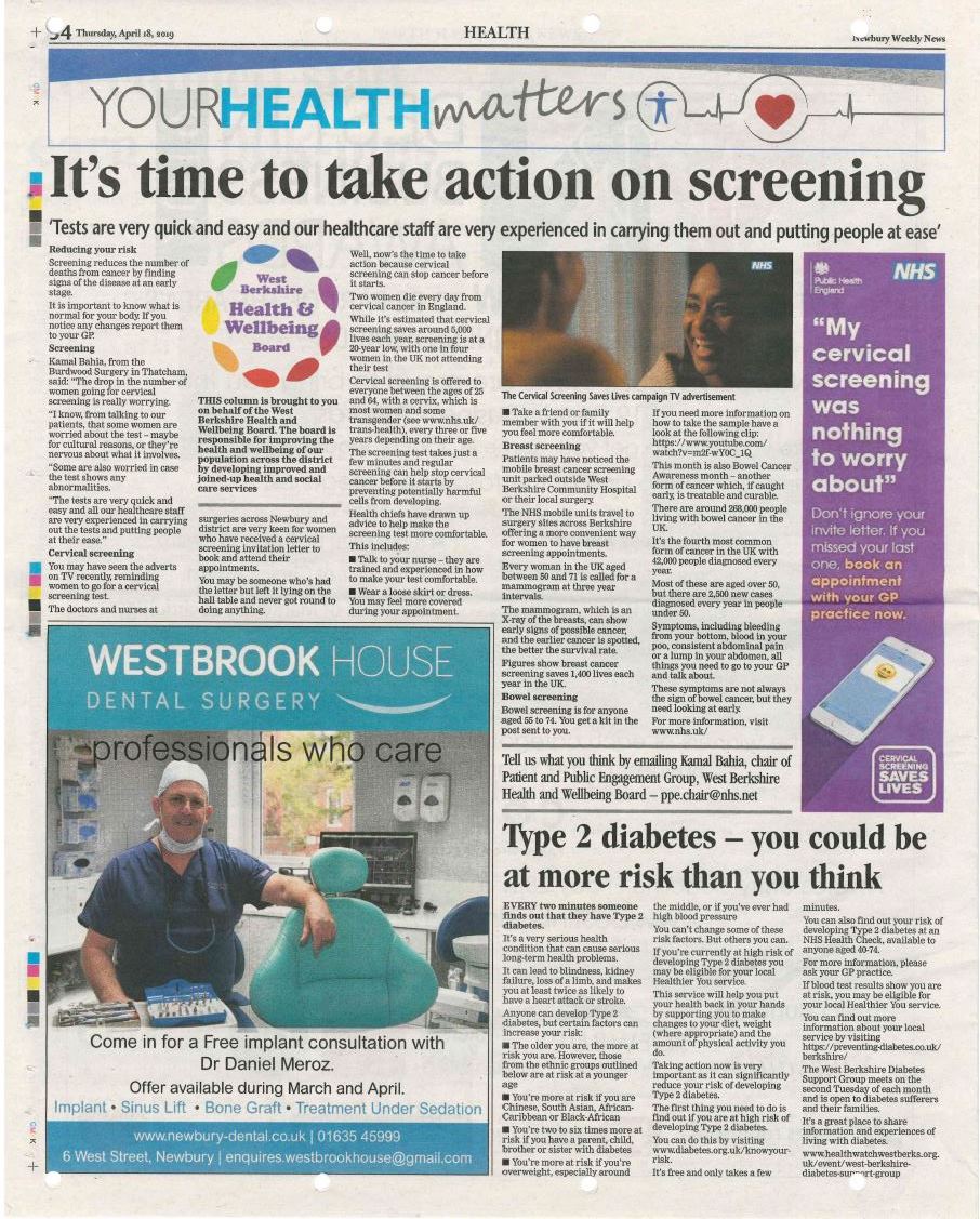 It's time to take action on screening. 
Please read the April #NewburyWeeklyNews article from the West Berkshire Health and Wellbeing Board.