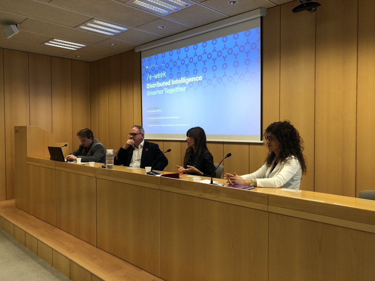 UVic_FEC's tweet photo. Avui, en el marc de la @eweekvic 2019, tenim a Marta Simelio i Gemma Oliver, de @Telefonica, i Eduard Martín, CIO i director de 5G del @MWCapital Barcelona. Participen en la tertúlia anomenada “Distributed Intelligence: Smarter together”. Gràcies per venir a la @uvic_ucc! https://t.co/S3Cy8qd2Wk