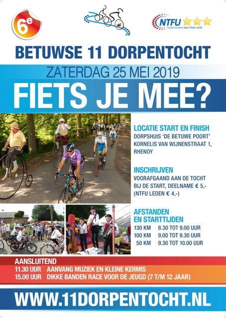 Over ruim 3 weken (zaterdag 25 mei 2019) is het weer zover, dan vindt de feestelijke 'Betuwse 11 Dorpentocht' weer plaats! Een prachtige fietstocht door West-Betuwe en de Lingestreek. Vorig jaar goed voor ruim 800 deelnemers. Kom jij ook (weer) dit jaar?! 11dorpentocht.nl
