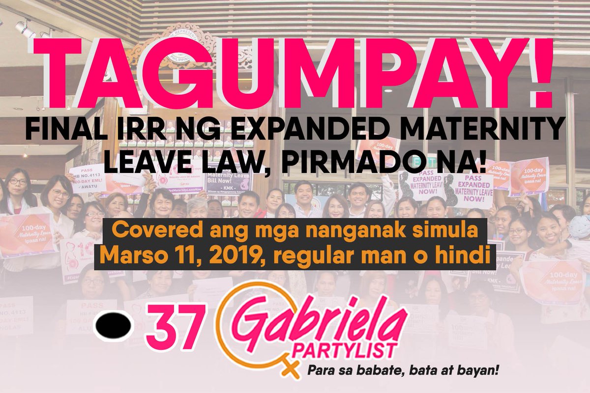 TAGUMPAY! Final IRR ng Expanded Maternity Leave Law, pirmado na! IRR specifies coverage of non-regular employees and "full pay" as basis of maternity benefits

READ full IRR here: drive.google.com/open?id=1SJJDd…