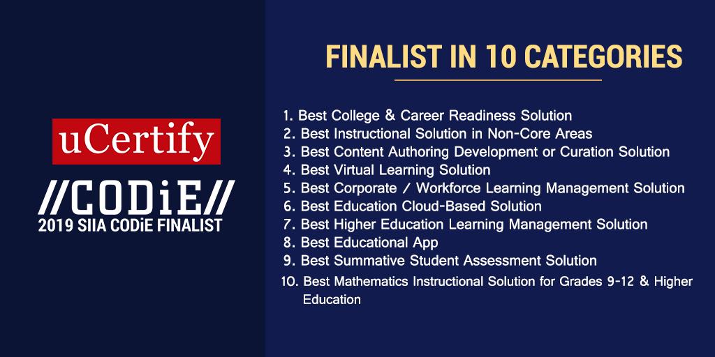 uCertify's tweet photo. We are honored and excited to be counted among @SIIA @CODiEAwards 2019 finalists in 10 categories. It is proud to be part of a select group of #CODiE 2019 finalists
#CODiE2019 #Finalist @SIIAEducation https://t.co/ySZNsLhD5D