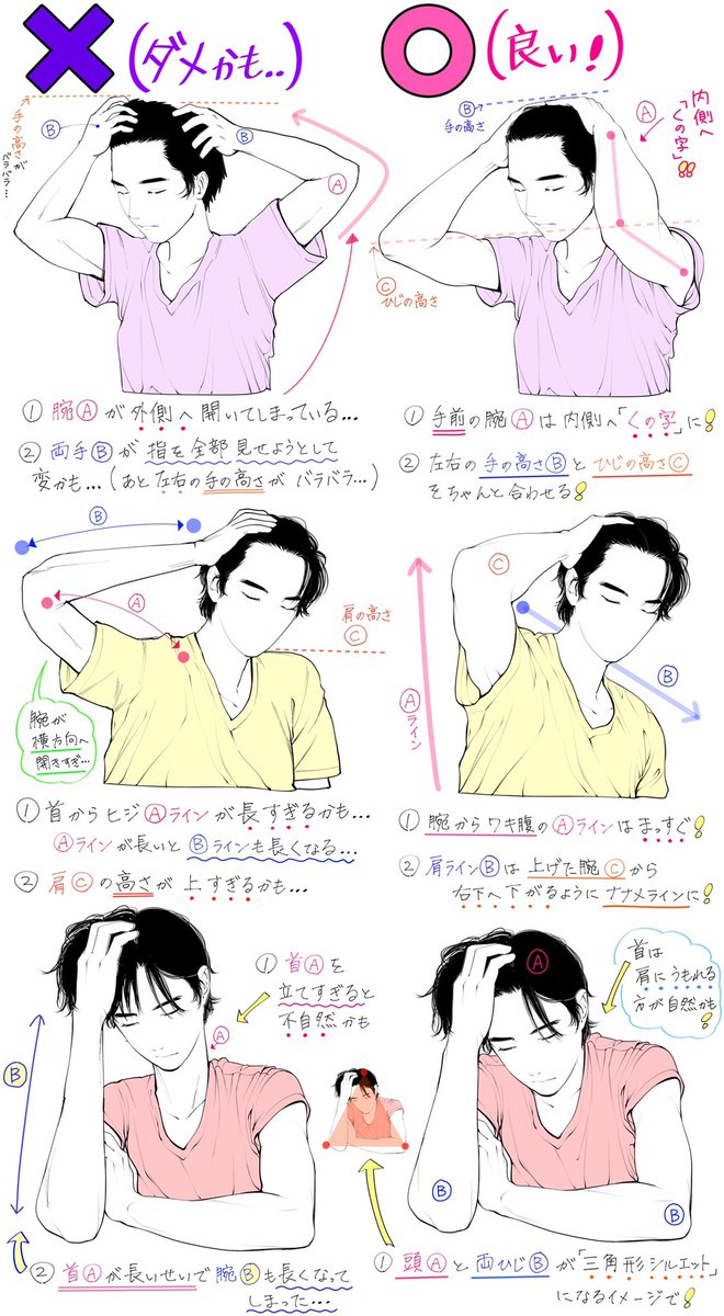 吉村拓也 イラスト講座 髪かきあげるポーズの描き方 かきあげる腕と体の向き が上達するための ダメなこと と 良いこと 全12パターンの比較解説です