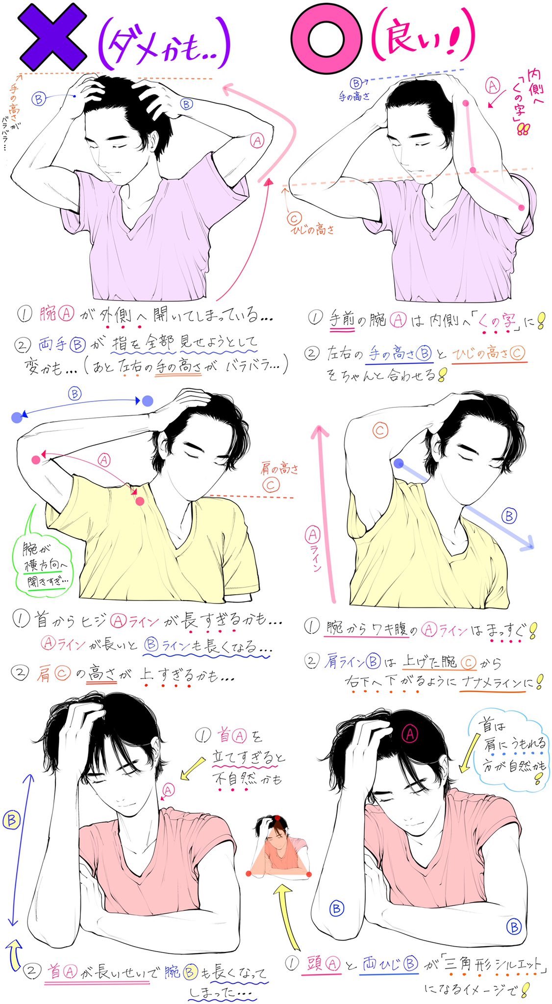 吉村拓也 イラスト講座 髪かきあげるポーズの描き方 かきあげる腕と体の向き が上達するための ダメなこと と 良いこと 全12パターンの比較解説です T Co Flmdjtrrc2 Twitter
