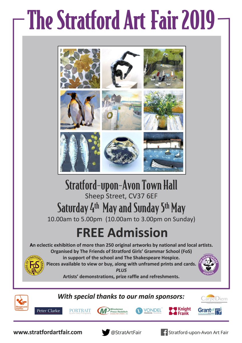 StratArtFair's tweet photo. Don't forget this wonderful FREE event in Stratford Town Hall this weekend. Ticketed Private View on Friday 3rd at 7.30 - ask for free tickets! @Stratford_Blog #stratforduponavon https://t.co/0P6XsXKIyc