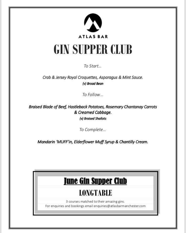 G I N  S U P P E R   C L U B

Missed our Supper Club last week? Why not book your place on our May <a href="/MuffLiquorCo/">The Muff Liquor Company</a> #Gin Supper Club <a href="/TheAtlasBar/">Atlas Bar</a> #Manchester 

Email enquiries@atlasbarmanchester.com to book your place now 🍸