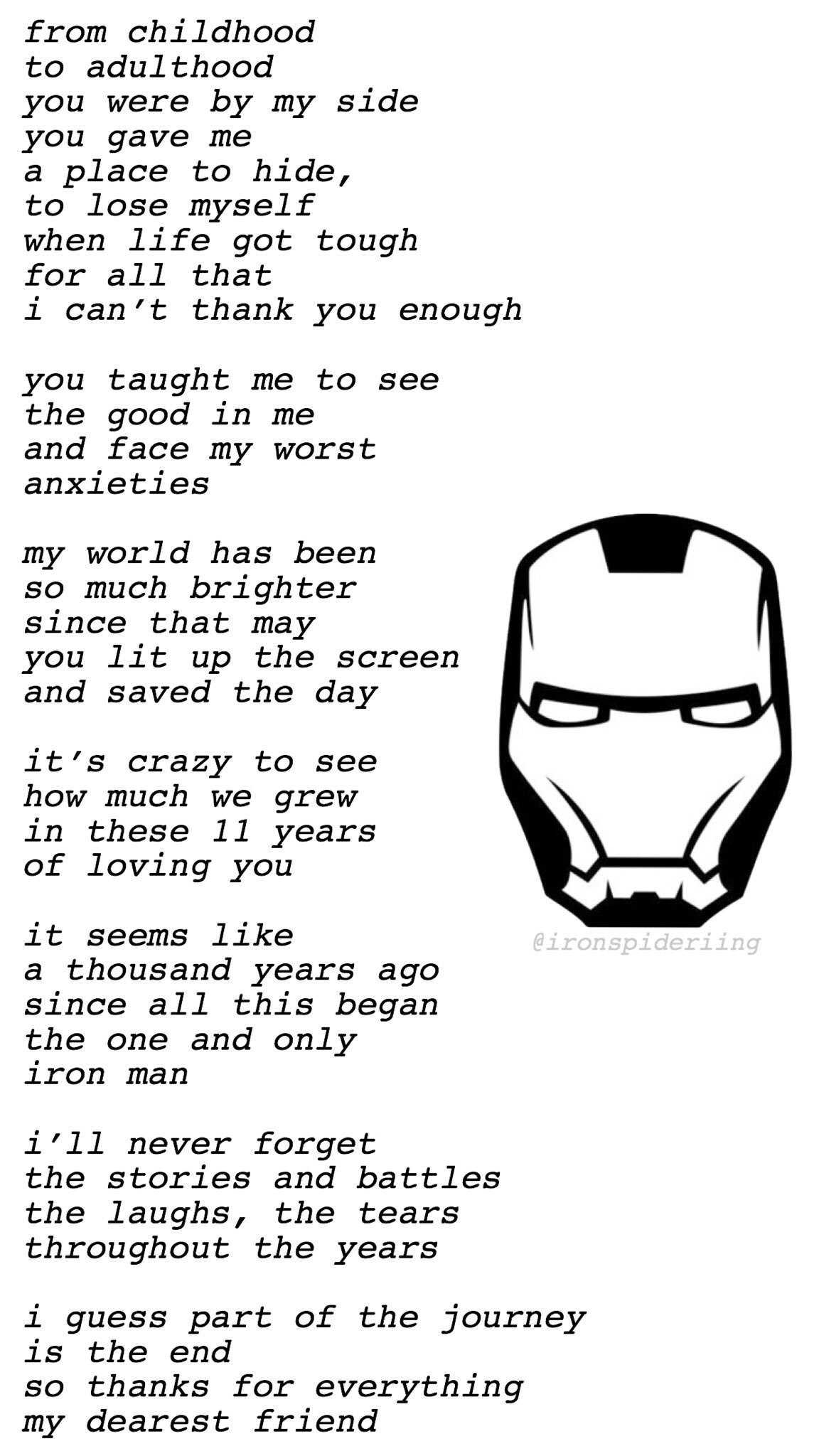 luz ⎊ on X: "i wrote a poem, it's not so great but tony stark brings out  the softy in me happy #ironmanniversary i love you 3000  https://t.co/FVM7uqlDs1" / X