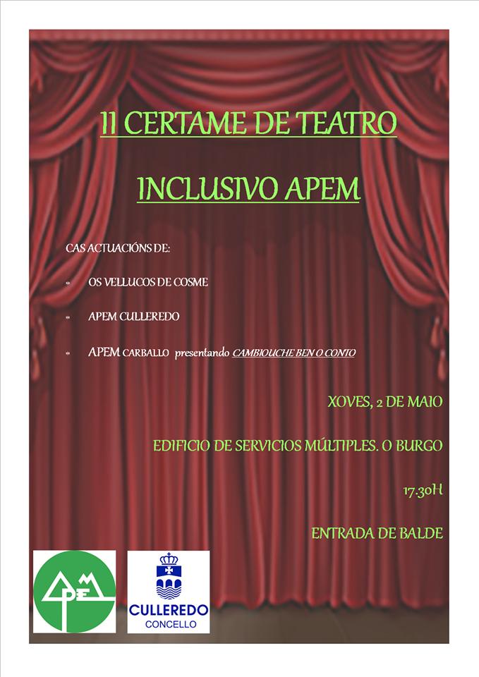 ApemCoruna's tweet photo. Hoxe temos unha cita!!! ás 17.30 da tarde terá lugar no auditorio do edificio de Servicios Múltiples, o II Certame de Teatro Inclusivo Apem, cas actuacións estelares de Apem Culleredo, Os Vellucos de Cosme e Apem Carballo! Non volo podedes perder!! https://t.co/vnipNEFj5n