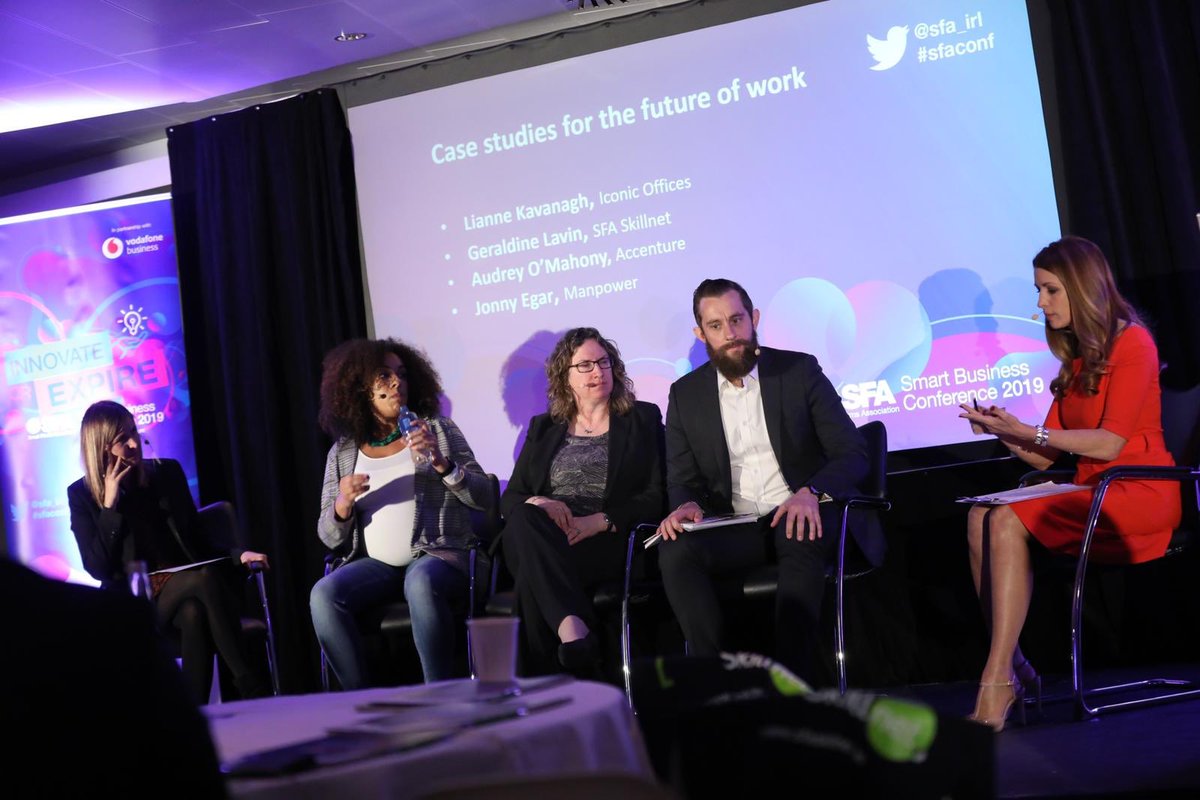 SFA_Irl's tweet photo. Panel discussion on the future of the work with @liannekavanagh of @IconicOffices, @GeraldineLavin of @SFASkillnet, @AudreyOMahony1 of @Accenture &amp; Jonny Edgar or @ManpowerGroup #sfaconf https://t.co/i4dFWOYWjc