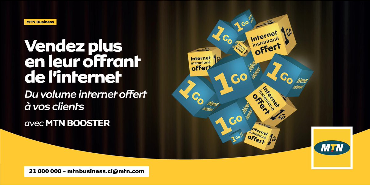 MTNBusinessCI's tweet photo. #MTNBooster est une solution digitale qui permet à votre Entreprise d'offrir des récompenses sous forme de forfait internet à vos clients en vue d’obtenir leur engagement et accroître vos ventes.
Contactez-nous au 21 000 000  ou mtnbusiness.ci@mtn.com 
pour plus d'informations. https://t.co/WwcBjfXpuP