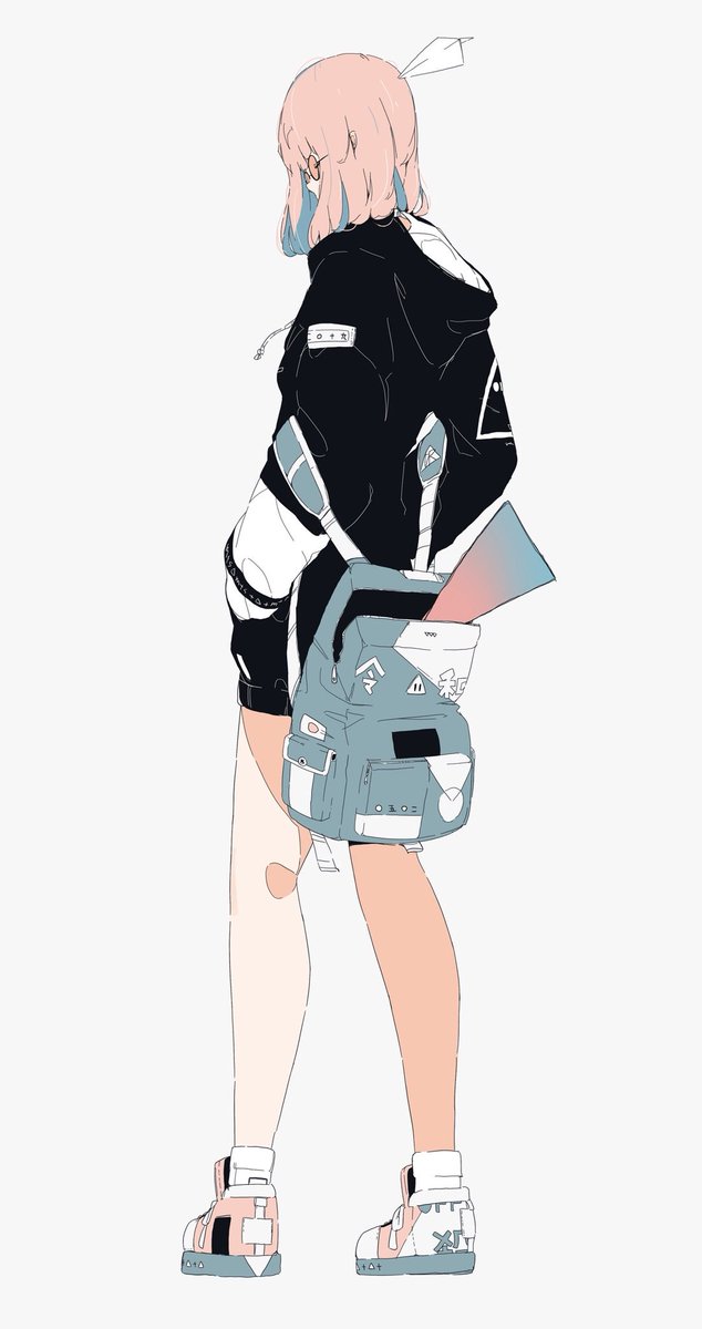 1girl solo flat color hood simple background white background bag  illustration images