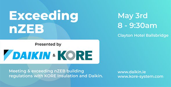 koresystem's tweet image. One day to go till our Dublin #CPD Roadshow with @DaikinIreland 

Kicking off at 8am, this event will focus on #ExpandedPolystyrene Insulation &amp;amp; #HeatPumpSystems that will enable you to Exceed #nZEB!
We look forward to meeting you all tomorrow.
#TogetherWithKORE #TogetherOnNZEB