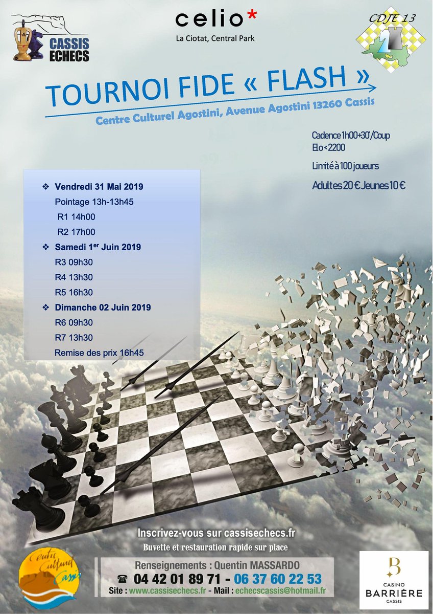 Après le succès du 9ème tournoi rapide qui a réuni 117 joueurs, Cassis Échecs organise son premier tournoi lent FIDE &lt;2200 elo.
100% des prix reversées, des prix par catégories d'âge, d'élo et médailles pour tous!
Inscrivez Ici; cassisechecs.fr/tournoi-dechec…

#Chess #Cassis #FFEchecs