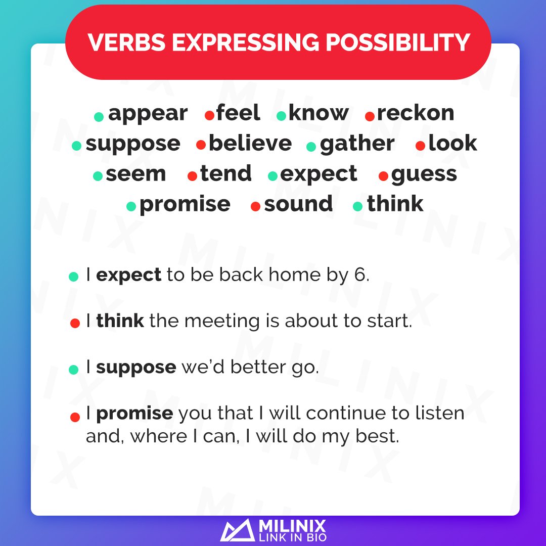 Milinix English Grammar Toefl Ielts English Grammar Verbs Expressing Possibility Appear Feel Know Suppose Believe Gather Seem Tend Expect Guess Promise Sound Think Please Retweet And Share Milinix English Grammar Toefl Ielts English Grammar Verbs Expressing Possibility Appear Feel Know Suppose Believe Gather Seem Tend Expect Guess Promise Sound Think Please Retweet And Share