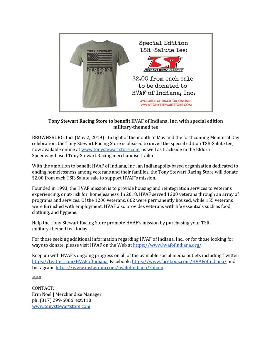 TSRStore's tweet photo. Tony Stewart Racing Store is partnering with HVAF of Indiana, Inc., an Indianapolis-based organization dedicated to ending homelessness among veterans &amp; their families! We'll donate $2.00 from each shirt sold to HVAF! #TSRSALUTE 

Shop ⤵️
 https://t.co/9w9s1TgivK https://t.co/7lNDQP0qgQ