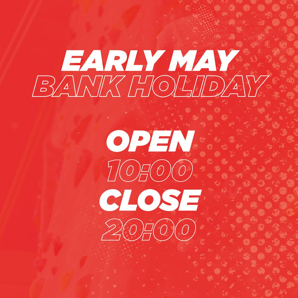 Yes, we are open this Bank Holiday! On Monday 6th of May, The Depot will be open from 10:00 until 20:00 due to the Early May Bank Holiday. See you there! 💪🧗‍♀️