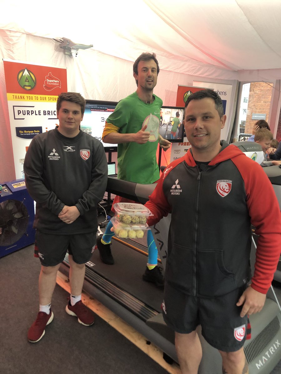 MrJamieMcDonald's tweet photo. The @gloucesterrugby chefs Will and James have brought Jamie some protein and fat packs balls - perfect for eating on the treadmill! #treadmillworldrecord https://t.co/ngnI5CdBJc