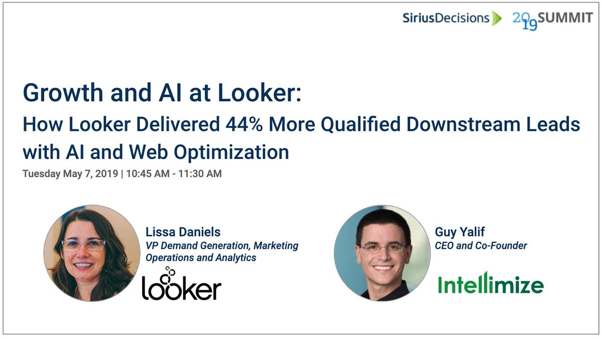 DavidASingh's tweet image. Marketers - how does 44% more Qualified Leads through AI & Web Optimization sound to you? See how @LookerData leveraged @intellimize to achieve these great results at #sdsummit @siriusdecisions summit.siriusdecisions.com/case-studies/i…
