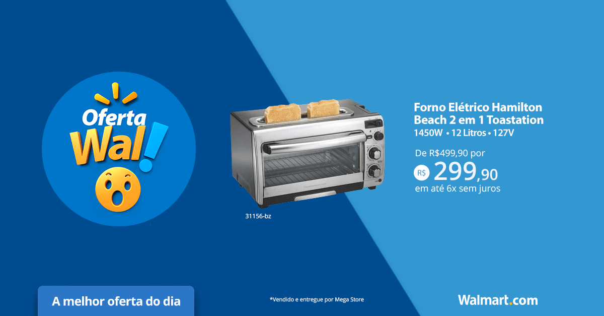 Prepare pães de queijo, pizza, pães, torradas e muito mais com o Forno Elétrico Hamilton Beach 2 em 1. Vem aproveitar nossa #OfertaWal wal.mw/2vy9SqT