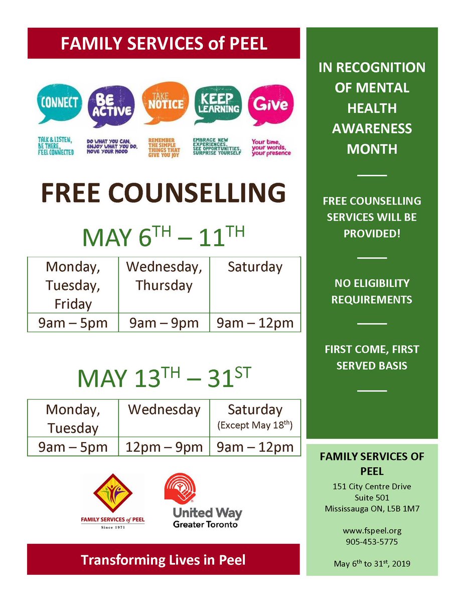 *REMINDER*
In recognition of Mental Health Awareness Month, we will be providing free counselling EVERY DAY, from May 6th to 11th.

Please see the following flyer for more details.