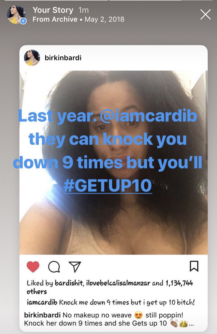 PressCb2's tweet image. From last year today.. still applies till this day . They can knock you down 9 times but you’ll #GetUp10 bitch 💜 @iamcardib #bardigang on the gang