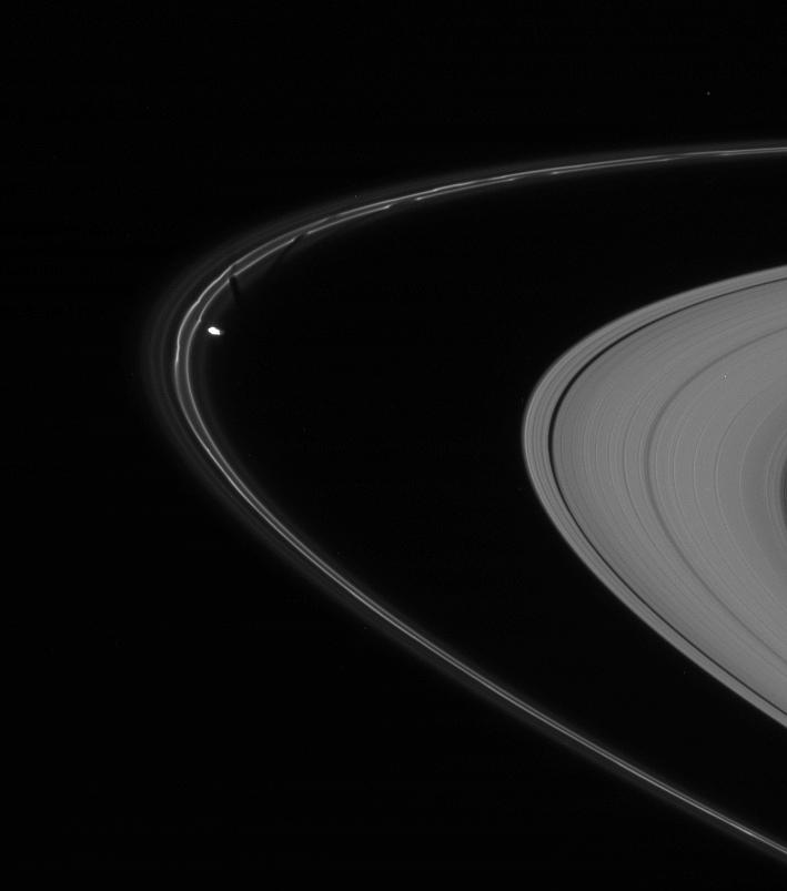 Sculpting the F Ring: Prometheus is caught here, in the act of pulling a new streamer out of the F ring's inner edge dailyrings.org/2019-05-02