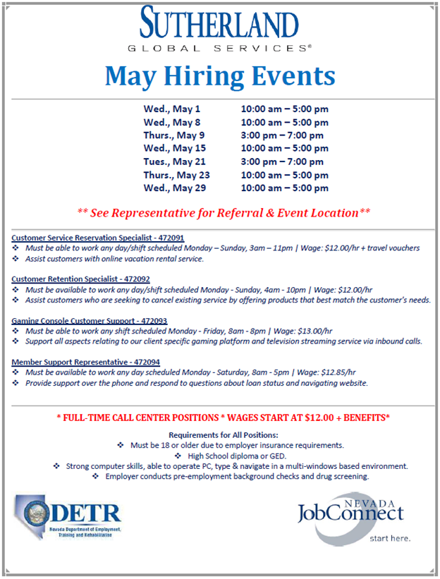 EmployNVSouth's tweet photo. Sutherland Hiring Events throughout May!
#Hiring https://t.co/LjBvqyVWmU
