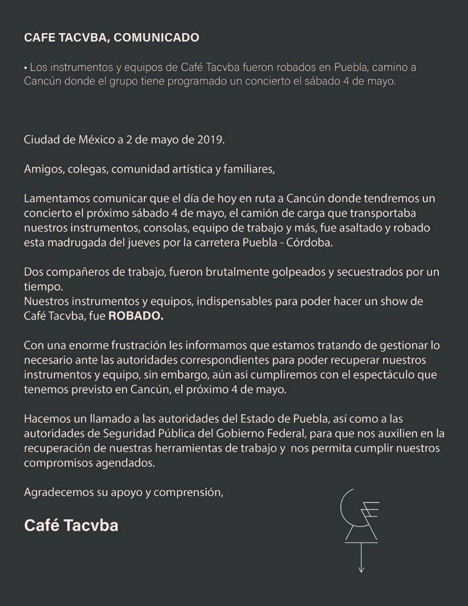 Amigos de Café Tacvba, lamentamos esto que nos acaba de suceder, estamos tristes, ojalá podamos encontrar nuestros equipos. Gracias.