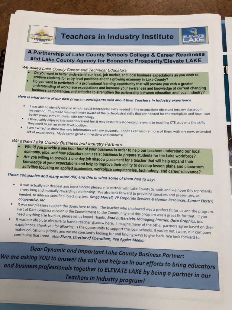 Don’t miss out on Teachers in Industry Institute: A partnership of LCS &amp; Elevate Lake Economic Development. 
<a href="/frances_celis/">Frances Celis</a> <a href="/MartaCRamirez1/">Marta C Ramirez</a> <a href="/DanielsKathlene/">Kathlene Daniels</a> <a href="/ReichJohnsl/">Lynnie</a> <a href="/kimworkbrown/">Kim</a> <a href="/RatterAngela/">Angela Ratter</a> <a href="/MaryMinich/">Mary Minich</a> <a href="/Santos_Daniel17/">Daniel Santos Ed.S</a> <a href="/LynneaWeissman/">Lynnea Weissman</a> <a href="/LeslieNoble2021/">Leslie Noble</a> <a href="/hippers56/">robin hipps</a> #LakeCCR