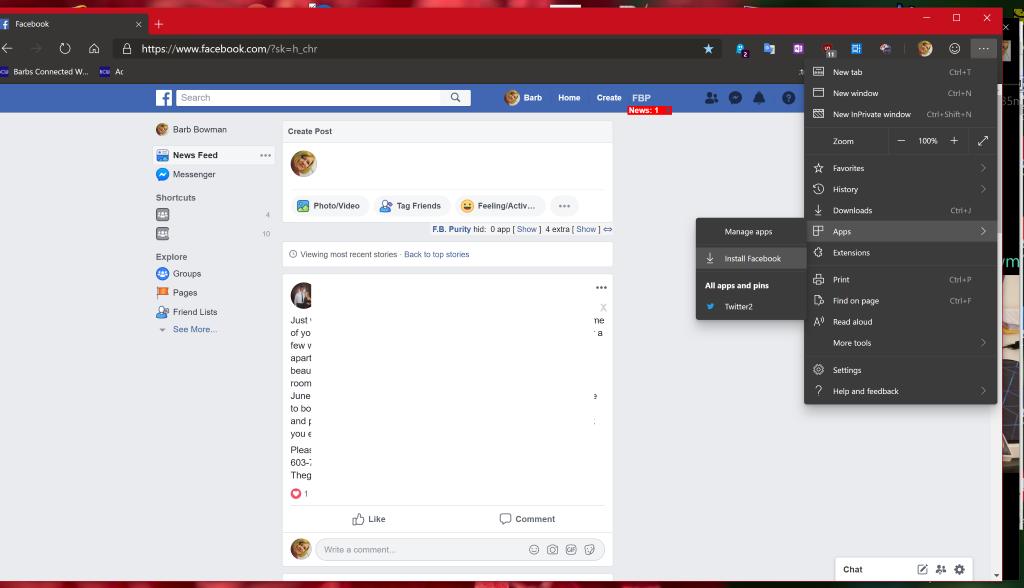 barbbowman's tweet image. Just installed Facebook as a progressive web app in #EdgeDev Chromium