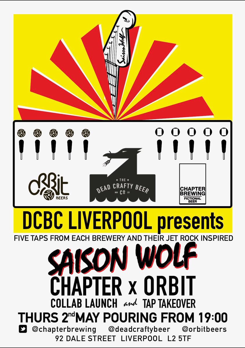 DeadCraftyBeer's tweet image. 🐺TONIGHT🐺
Join @ChapterBrewing &amp;amp; @OrbitBeers this evening as they celebrate the launch of their brand new beer SAISON WOLF.  Taking over 5 taps each, including the @ladiesthatbeer imperial stout, SMILING AT STRANGERS, this is gonna be one hell of a night.