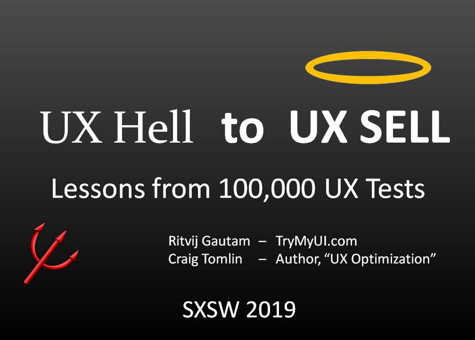 Hey Austin #UX peeps! Please join us May 7th at the #Austin #UXPA meetup, "UX Hell to UX Sell: Lessons from 100,000 UX Tests." There's also a raffle for a free copy of my UX Optimization book ($30 value). See you there! > ow.ly/6Nla50qjoyo