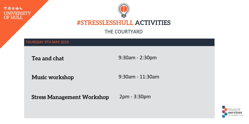 StressLessHull's tweet photo. || THURSDAY 9TH MAY ||
Today we have:
β Tea and chat
πΌ Music workshop
π§ Stress Management Workshop
Find us in The Courtyard to join in and get your #stresslesshull goodie bag
#examseason #highered #activities #mindfulness #stressless https://t.co/PHorqht5XY