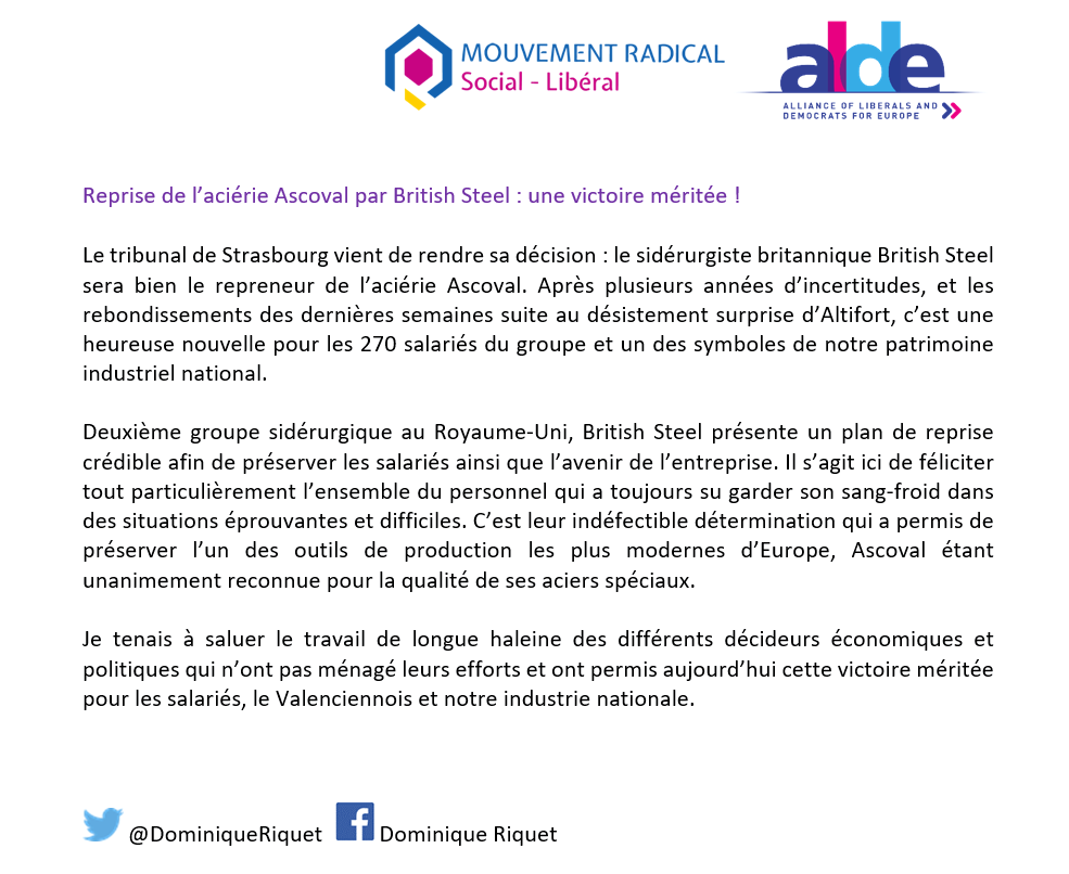 DominiqueRiquet's tweet image. La décision vient de tomber : la reprise d'#Ascoval par @BritishSteelUK a été validée par le Tribunal de Strasbourg. Une victoire méritée pour les 270 salariés, le Valenciennois et notre patrimoine industriel national !