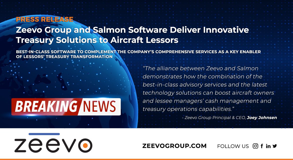 zeevo_life's tweet photo. @ZeevoTeam and @SalmonSoftware announce a strategic alliance to deliver robust #treasury advisory and software solutions to #aircraftlessors and clients across industries https://t.co/FY4ahLF1s0 #aircraftleasing #aviation #treasury #AFJevents #zeevogroup https://t.co/dJBTR6een5