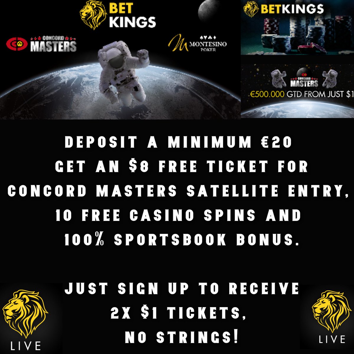 BetKings (@betkingsire) on Twitter photo Sign up to Betkings, deposit a minimum €20, and get a $8 free Concord Masters Satellite entry, 10 free casino spins and 100% Sportsbook bonus.
Just sign up to receive two $1 tokens.
betkings.eu/en/page/poker
#BetKings #Poker #Casino #Sportbooks #Ireland #Vienna
<a href="/GreatIslMedia/">Great Island Media</a> Sign up to Betkings, deposit a minimum €20, and get a $8 free Concord Masters Satellite entry, 10 free casino spins and 100% Sportsbook bonus.
Just sign up to receive two $1 tokens.
betkings.eu/en/page/poker
#BetKings #Poker #Casino #Sportbooks #Ireland #Vienna
<a href="/GreatIslMedia/">Great Island Media</a>