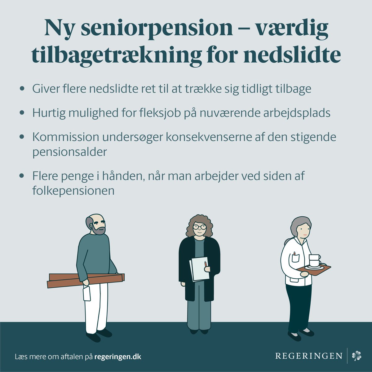 Glad for at regeringen sammen med <a href="/DanskDf1995/">Dansk Folkeparti</a> og <a href="/radikale/">Radikale Venstre</a> nu giver mange flere ret til at trække sig tidligere tilbage, hvis de er nedslidte. Og samtidig gør det mere attraktivt for de seniorer, der stadig kan og vil, at blive på arbejdsmarkedet. #dkpol