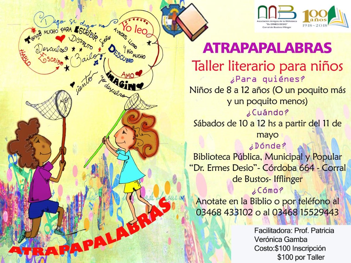 corraldebustos's tweet image. #Atrapapalabras es el Nuevo Taller Literario para Niños 👧👦que se pone en marcha con la Prof. Patricia Gamba en la Biblioteca Pública, Municipal y Popular "Dr. Ermes Desio" 📚