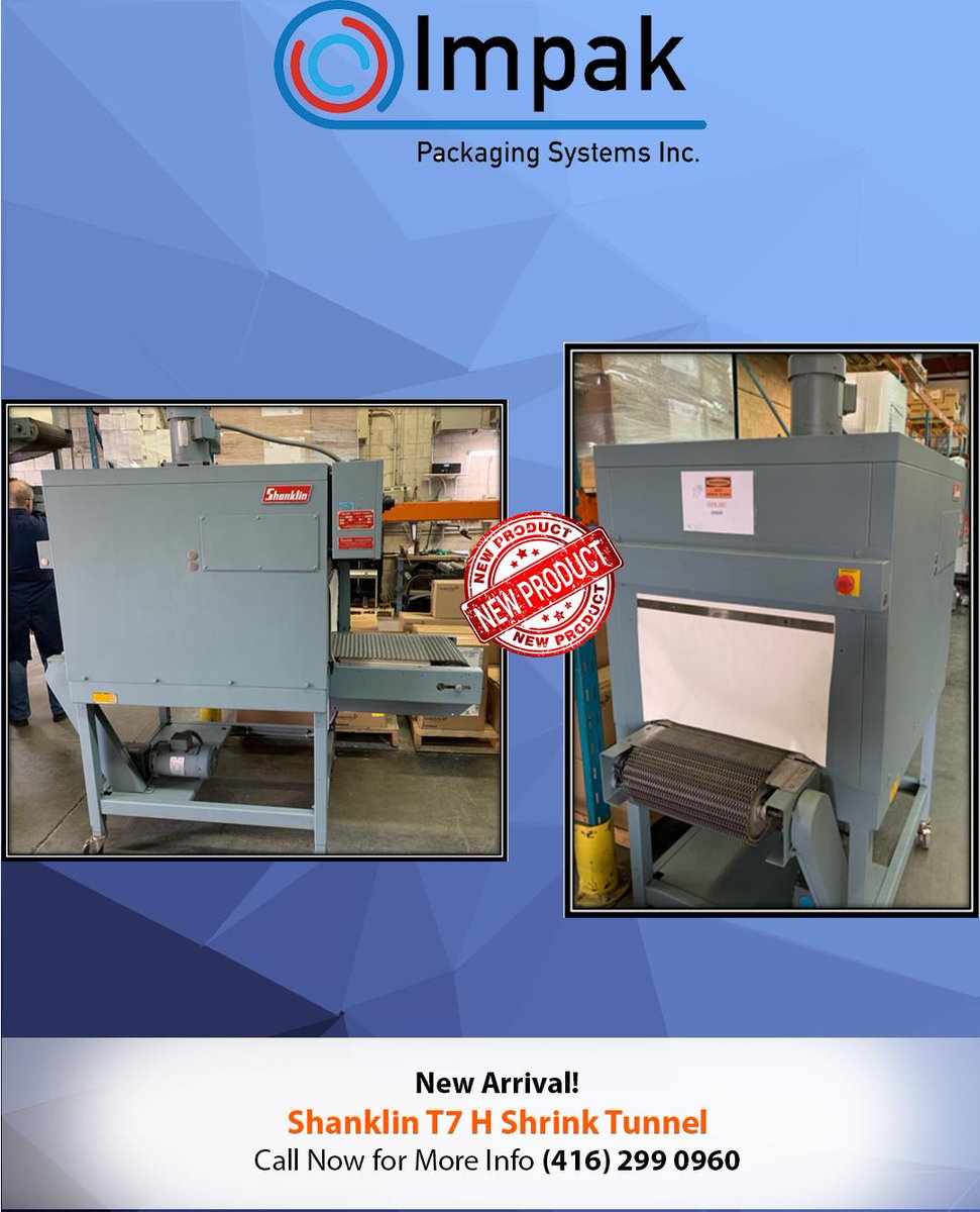 ImpakPackaging's tweet photo. More #equipment. We have a few #Shanklin #shrinktunnels, #refurbished and ready to go.
For More information about #shrinkpackaging equipment 
Contact us @ 416-299-0960   or
info@impakpackaging.com
#ThursdayThoughts #SmallBusinessWeek #toronto https://t.co/RRcRppKOxx