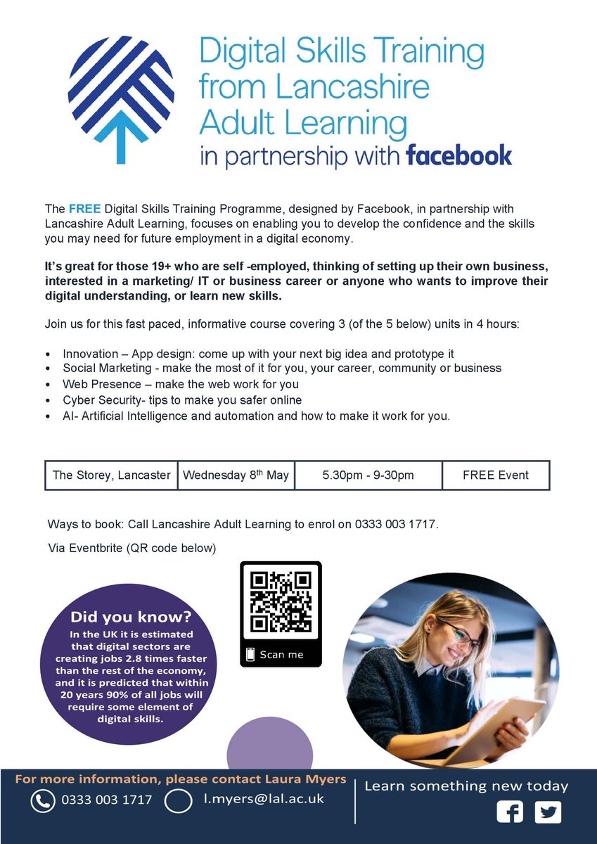 #digitalskills training in partnership with #Facebook is coming to #Lancaster on Wed 8th May @The_Storey. Limited spaces available. Click the link to book your space! eventbrite.co.uk/e/digital-skil…