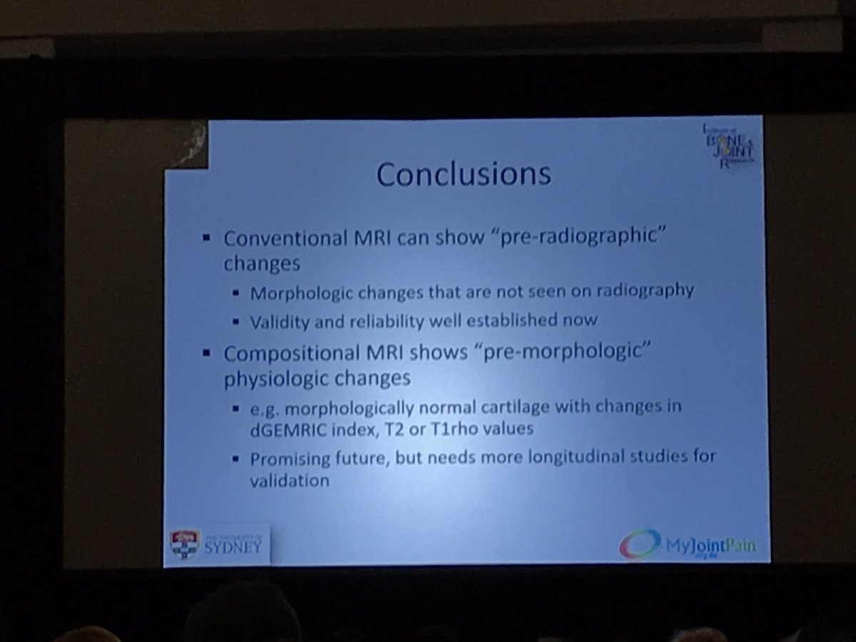 Great talk on imaging for knee osteoarthritis by <a href="/ProfDavidHunter/">ProfDavidHunter</a> . MRI = better to identify early changes in the joint - Xrays catch changes too late. #OARSI2019