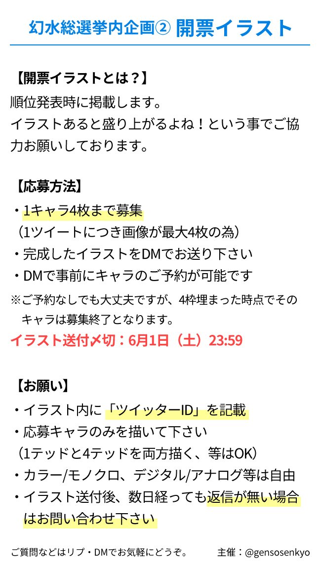 幻水総選挙2021 Pa Twitter 幻水総選挙内企画 開票イラスト 開票イラストを募集中です 詳細は添付画像をご覧いただき Dmでご応募下さい 画像が見れない方は 当ツイートの返信 リプ 欄をご覧ください 幻水総選挙2019 幻水総選挙2019 主催より Https