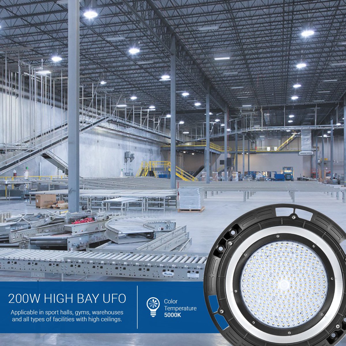 We designed our UFO LED High Bay lights to cut down on the amount of large, heavy fixtures needed to light a large indoor industrial space without compromising on light. This high bay LED light for sale simply hangs by the commercial grade ring attachment for easy installation.